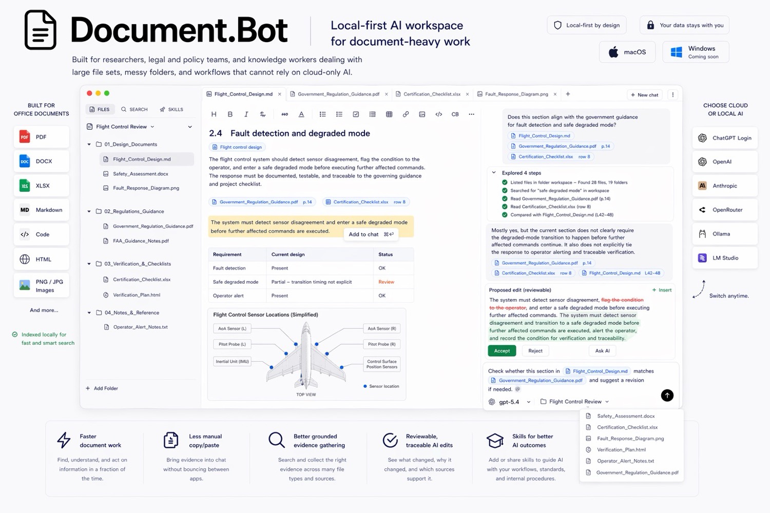 Aviation.Bot workspace showing source-backed document review